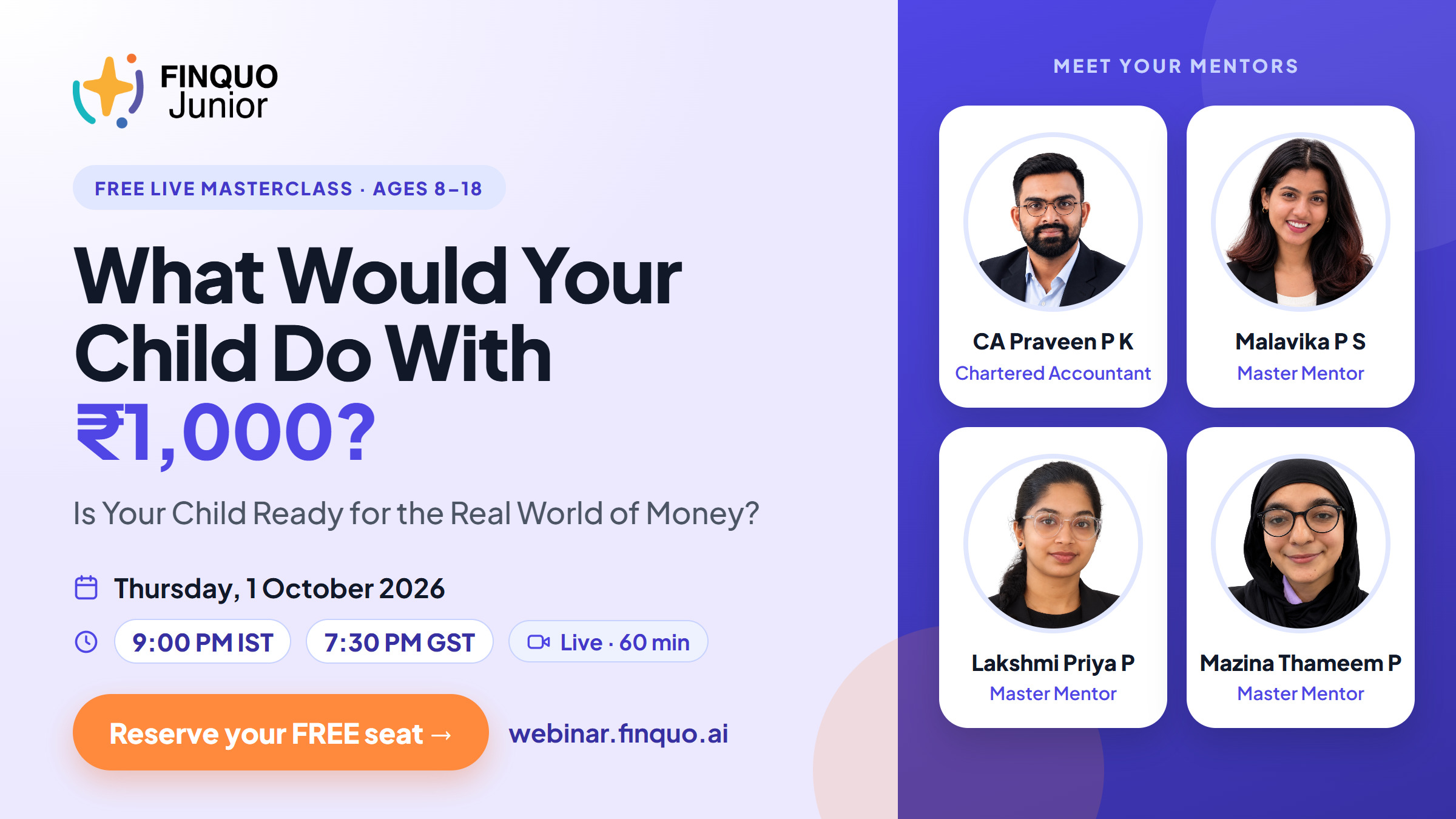 Free live webinar: What Would Your Child Do With ₹1,000? Thursday, 1 October 2026, 9:00 PM IST — reserve your free seat
